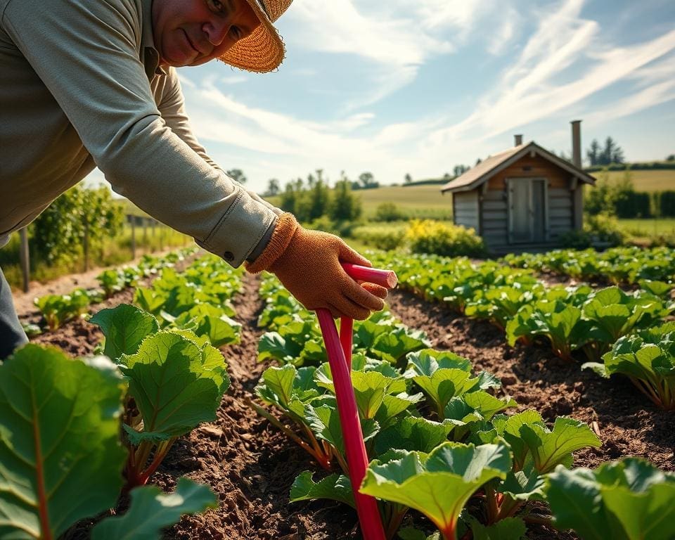 harvesting rhubarb